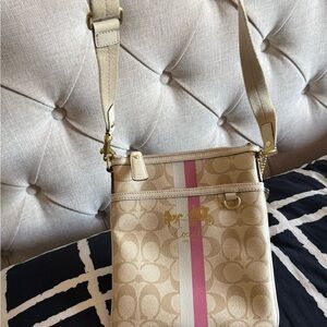 Coach Beige Signature Crossbody with Pink and Cream Stripe